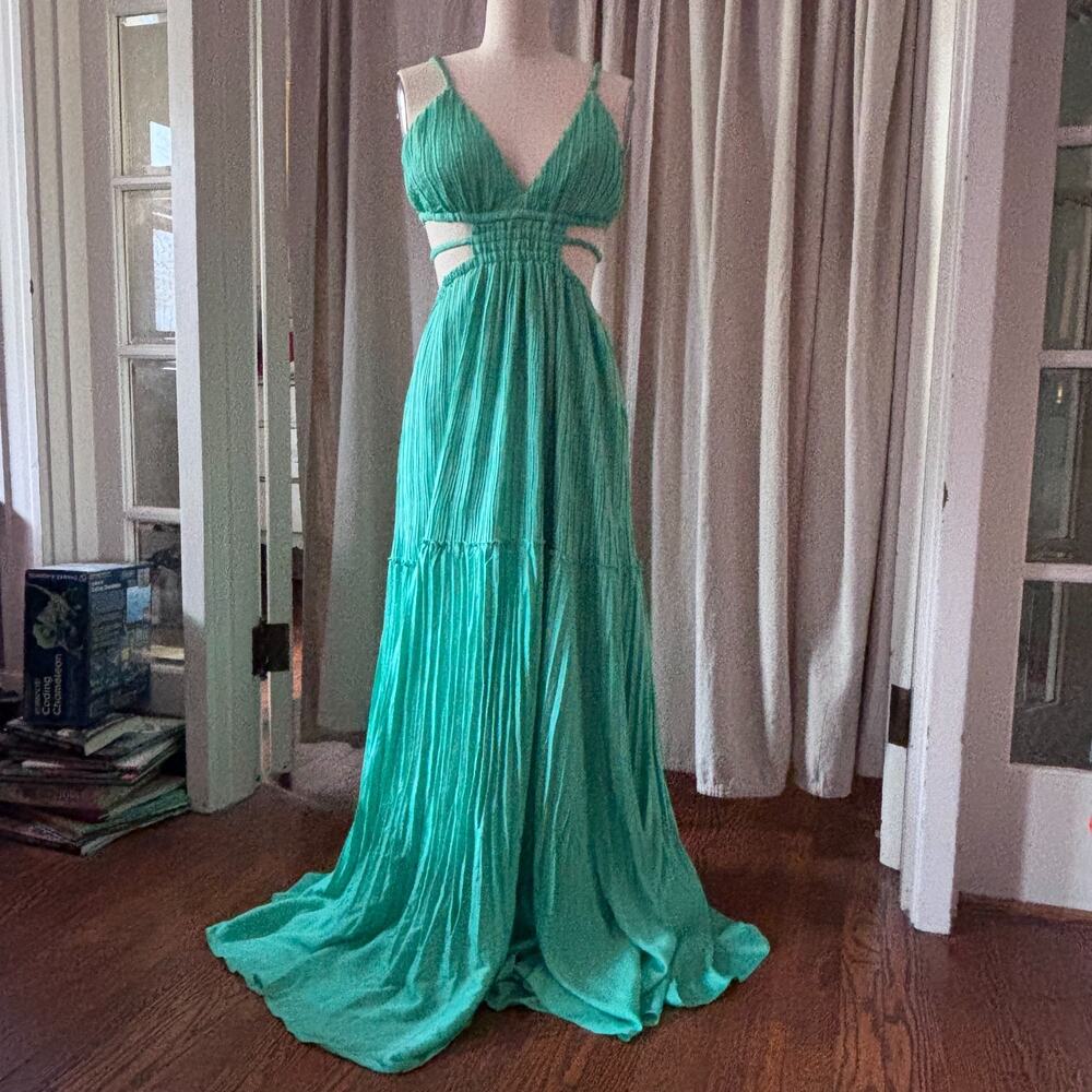 Jonathan Simkhai Liz Pleated Gown Kiwi Green Cutout Maxi Est. Large *READ DESC*